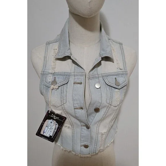 Denim Trucker Style Vest Womens Small Distressed Button Front Sleeveless Y2K New - Picture 5 of 16